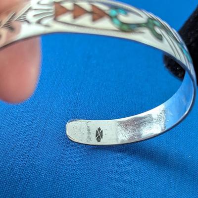 Native American Navajo Gene Gibson silver Turquoise Coral inlay cuff bracelet
