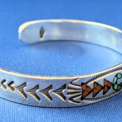 Native American Navajo Gene Gibson silver Turquoise Coral inlay cuff bracelet