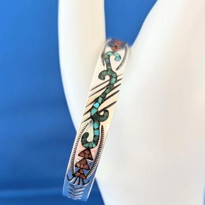 Native American Navajo Gene Gibson silver Turquoise Coral inlay cuff bracelet