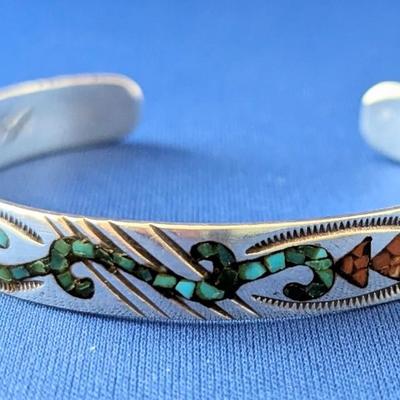 Native American Navajo Gene Gibson silver Turquoise Coral inlay cuff bracelet