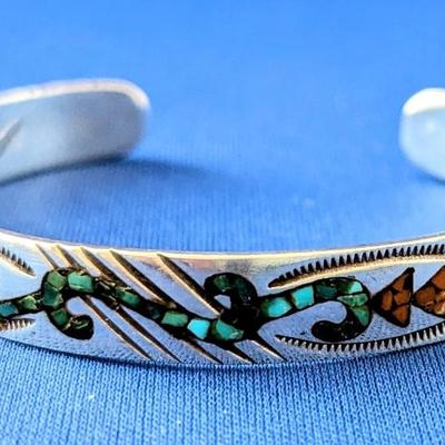 Native American Navajo Gene Gibson silver Turquoise Coral inlay cuff bracelet