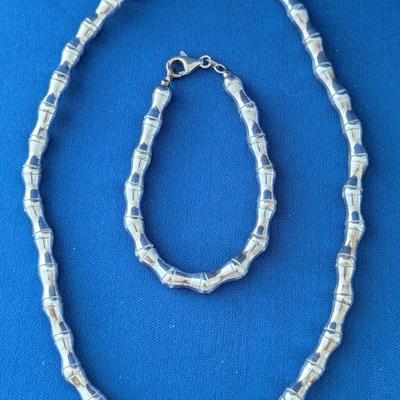 925 Sterling Bamboo And Ball Bead 7" Bracelet and 16" Necklace