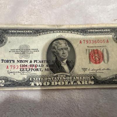 1953C TWO DOLLAR BILL WITH GULFPORT ADVERTISING