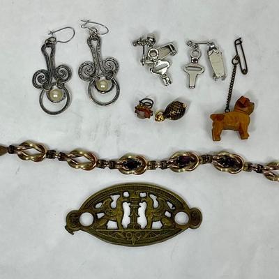 Mixed Odds & Ends Jewelry Lot - miniature wood dog, miniature cloisonné fish, miniature skateboards, cameo, etc