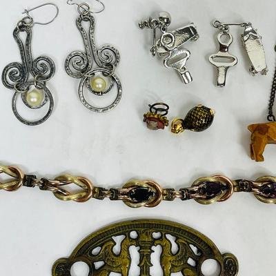 Mixed Odds & Ends Jewelry Lot - miniature wood dog, miniature cloisonné fish, miniature skateboards, cameo, etc