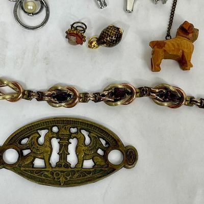 Mixed Odds & Ends Jewelry Lot - miniature wood dog, miniature cloisonné fish, miniature skateboards, cameo, etc