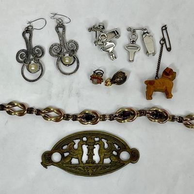 Mixed Odds & Ends Jewelry Lot - miniature wood dog, miniature cloisonné fish, miniature skateboards, cameo, etc
