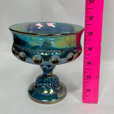 Vintage Indiana Carnival Glass Kings Crown Iridescent Blue Compote