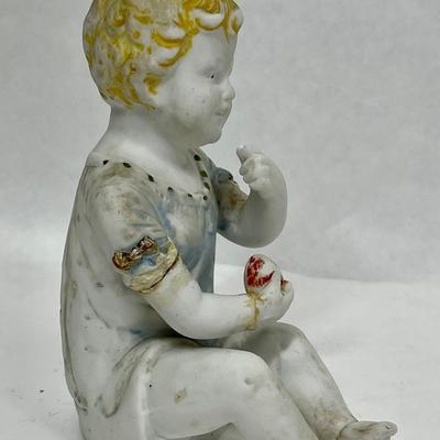 Antique Vintage Bisque Porcelain Figurine Child Baby sitting with fruit