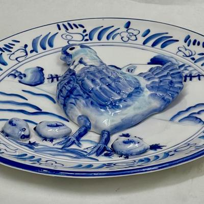 Blue & White Porcelain 3D Chicken Hen with baby chicks Wall Plate Pottery Farmhouse Decor Bella Casa by Ganz