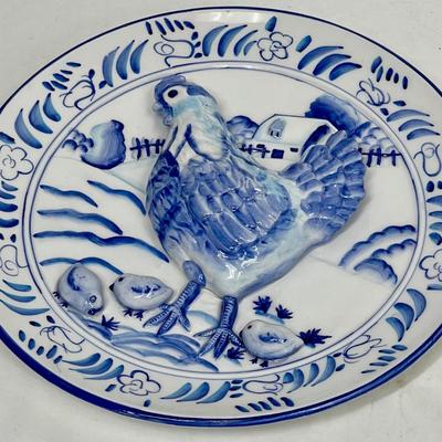 Blue & White Porcelain 3D Chicken Hen with baby chicks Wall Plate Pottery Farmhouse Decor Bella Casa by Ganz