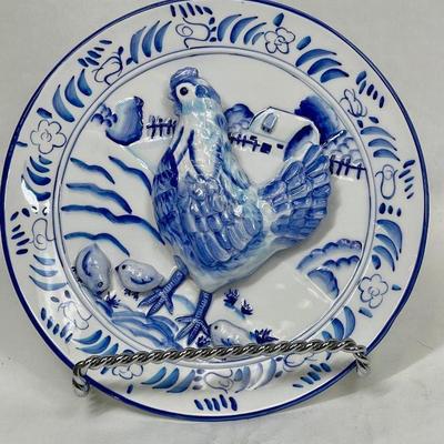 Blue & White Porcelain 3D Chicken Hen with baby chicks Wall Plate Pottery Farmhouse Decor Bella Casa by Ganz