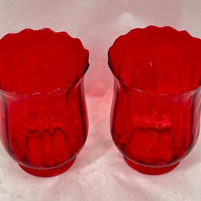 Pair of Red Glass Tulip Shaped Candle Holders