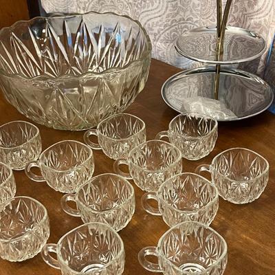 Vintage Glass Punch Bowl- 13 piece set, tiered serving tray, and pedestal bowl