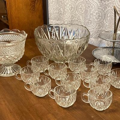 Vintage Glass Punch Bowl- 13 piece set, tiered serving tray, and pedestal bowl
