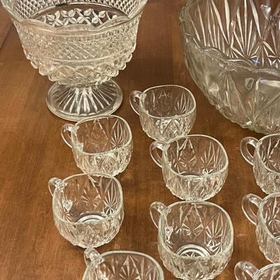 Vintage Glass Punch Bowl- 13 piece set, tiered serving tray, and pedestal bowl