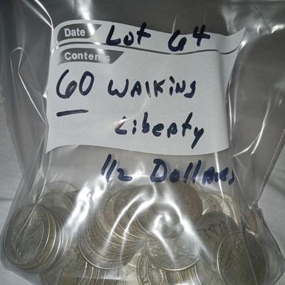 60 walking liberty 1/2 dollars