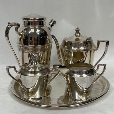 Modern Art Deco - 5 pieces of SilverPlate - Coffee Pot, Shaker Pot, Creamer, Sugar, and Tray