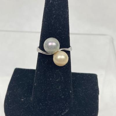 Silver-tone Ring with 2 Faux Pearls