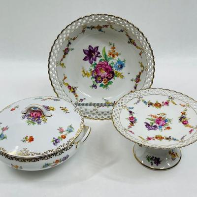 Schumann Dresden Pierced Porcelain Floral Bowl, Casserole, Cake Plate pink purple yellow