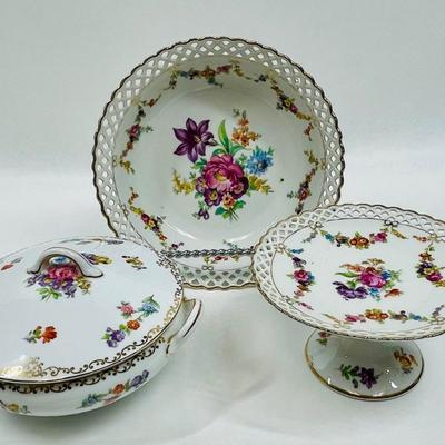 Schumann Dresden Pierced Porcelain Floral Bowl, Casserole, Cake Plate pink purple yellow