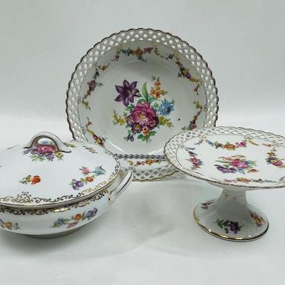Schumann Dresden Pierced Porcelain Floral Bowl, Casserole, Cake Plate pink purple yellow