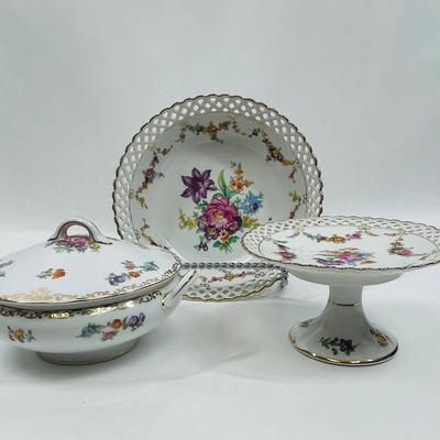 Schumann Dresden Pierced Porcelain Floral Bowl, Casserole, Cake Plate pink purple yellow