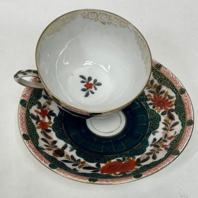 Austrian Roses Birds Hand Painted Cup and Saucer Set Gold Accent and Vibrant Colors green red