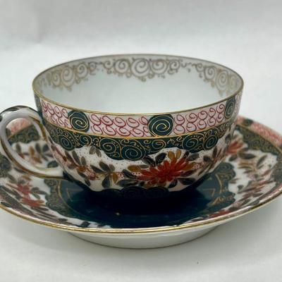 Austrian Roses Birds Hand Painted Cup and Saucer Set Gold Accent and Vibrant Colors green red