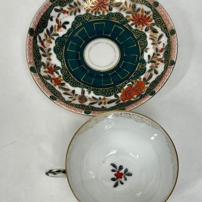 Austrian Roses Birds Hand Painted Cup and Saucer Set Gold Accent and Vibrant Colors green red