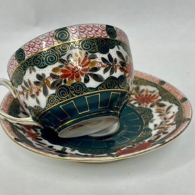 Austrian Roses Birds Hand Painted Cup and Saucer Set Gold Accent and Vibrant Colors green red