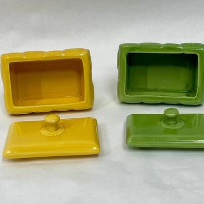 Pair of Ceramic Lidded Trinket Boxes Yellow Green