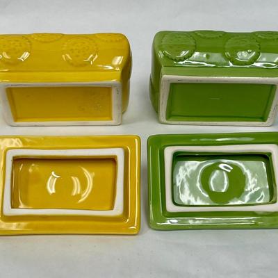 Pair of Ceramic Lidded Trinket Boxes Yellow Green