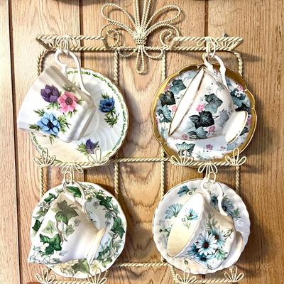 131 VINTAGE ENGLISH BONE CHINA TEA CCUPS & SAUCERS W/WALL HOLDER #1