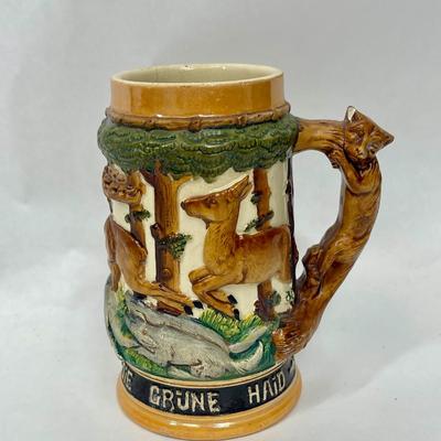 Ceramic German Style Beer Stein with Animals in Forest