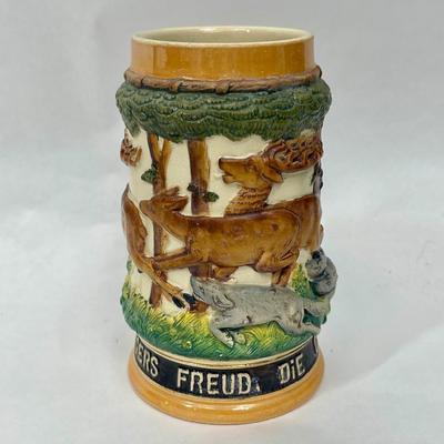 Ceramic German Style Beer Stein with Animals in Forest