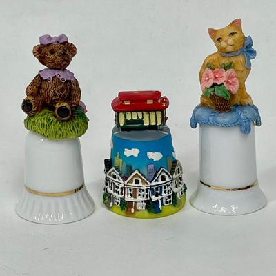 Lot of Three Collectible Thimbles - Bear, Cat, and Trolly - 2 have boxes
