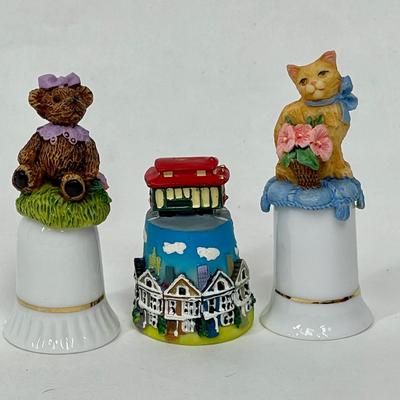 Lot of Three Collectible Thimbles - Bear, Cat, and Trolly - 2 have boxes