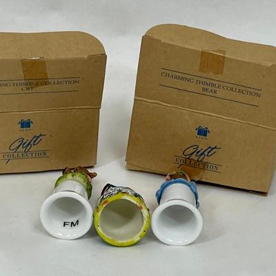 Lot of Three Collectible Thimbles - Bear, Cat, and Trolly - 2 have boxes