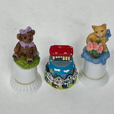 Lot of Three Collectible Thimbles - Bear, Cat, and Trolly - 2 have boxes