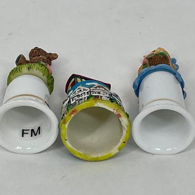 Lot of Three Collectible Thimbles - Bear, Cat, and Trolly - 2 have boxes