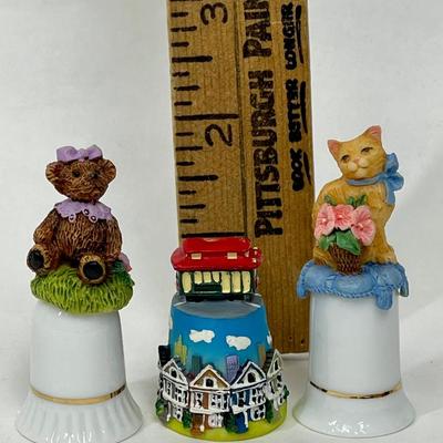 Lot of Three Collectible Thimbles - Bear, Cat, and Trolly - 2 have boxes