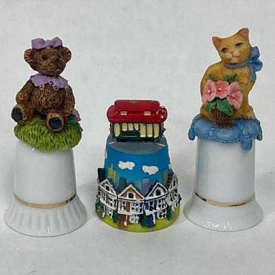 Lot of Three Collectible Thimbles - Bear, Cat, and Trolly - 2 have boxes