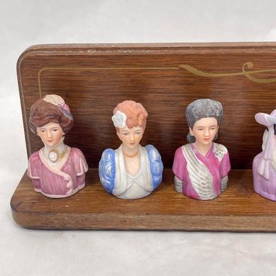 Avon 1980 Collection of Lady Head Thimbles with display shelf