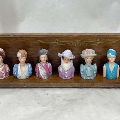 Avon 1980 Collection of Lady Head Thimbles with display shelf