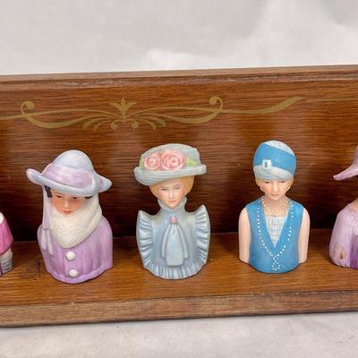 Avon 1980 Collection of Lady Head Thimbles with display shelf