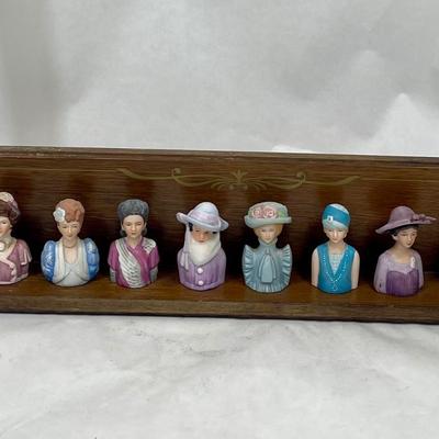 Avon 1980 Collection of Lady Head Thimbles with display shelf