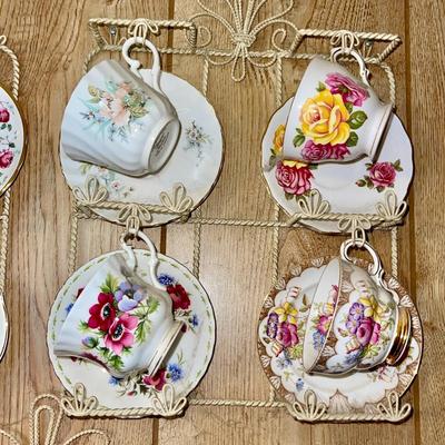 133 VINTAGE ENGLISH TEA CUPS & SAUCERS W/WALL HANGER #3