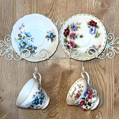 134 VINTAGE ENGLISH TEA CUPS & SAUCERS W/WALL HANGER #4