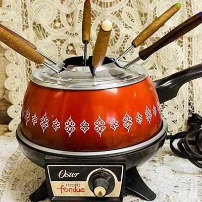 146 OSTER VINTAGE RED ELECTRIC FONDUE POT W/6 FORKS